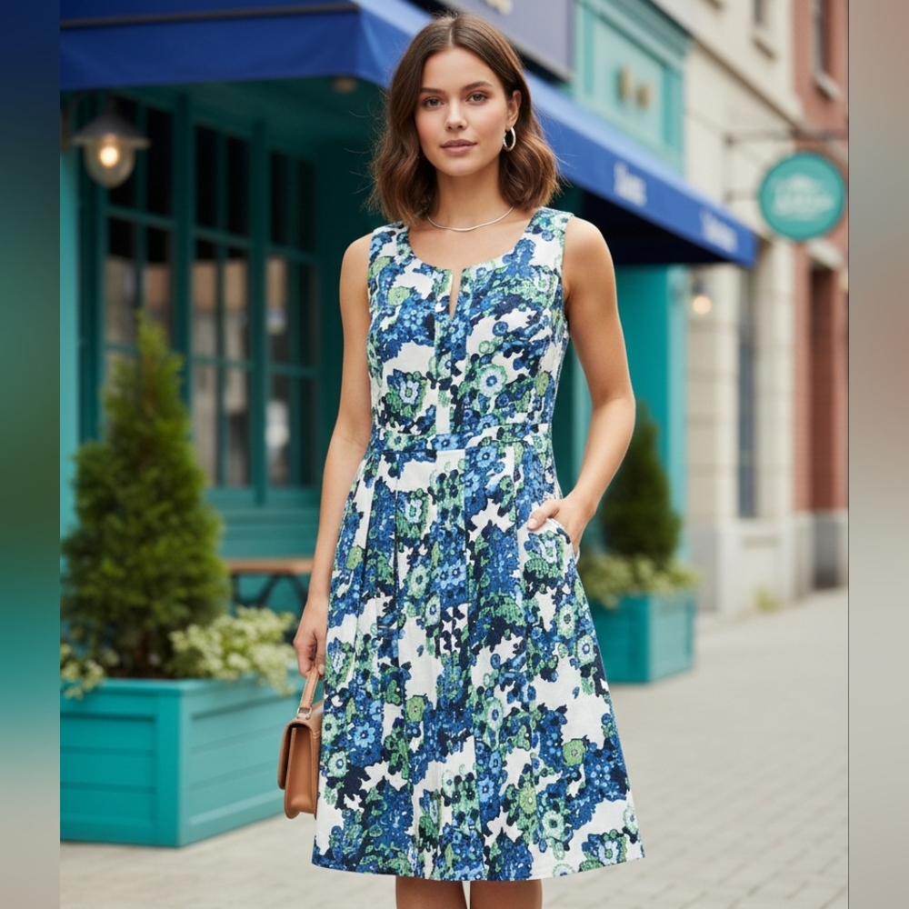 Tory Burch Linen Blue floral fit and flare midi dress 8
